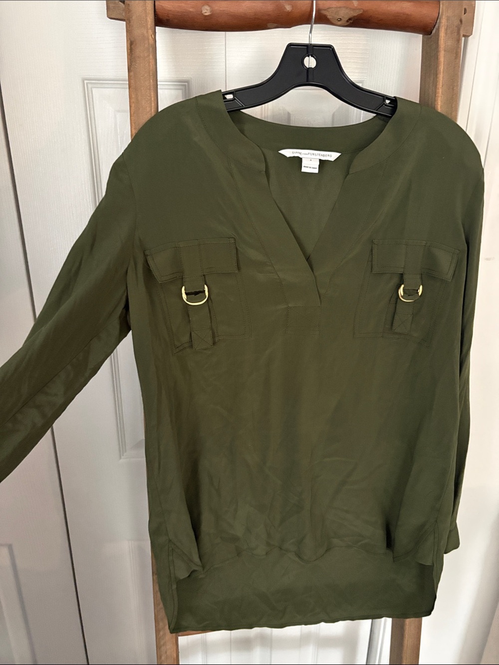 Diane Von Furstenberg Olive Utility V-Neck Blouse